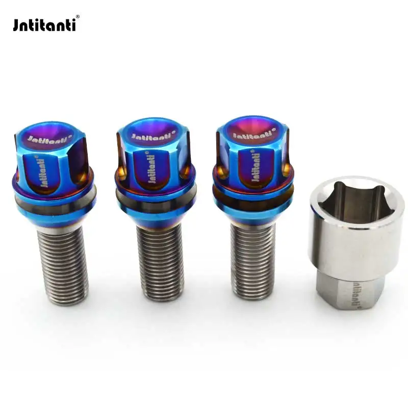 Jntitanti Gr5 Titanium Bolt Screw M14x1.5x28-45mm 5J Anti-Theft Lock with Free Cone Washer for Wheel Rim