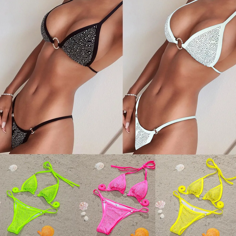 Sparkling Bikini Set Women's Sexy Swimsuit Push Up Bikini Solid Color Bandage Bikini Set Shiny Swimsuit Beach Outfit Thong