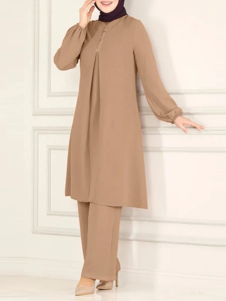 Casual Moslim Jurk Voor Vrouwen Blouse 2 Delige Set Lange Mouw Shirt Wijde Pijpen Broek Pakken Saudi Arabische Dubai Jurken Herfst 2023