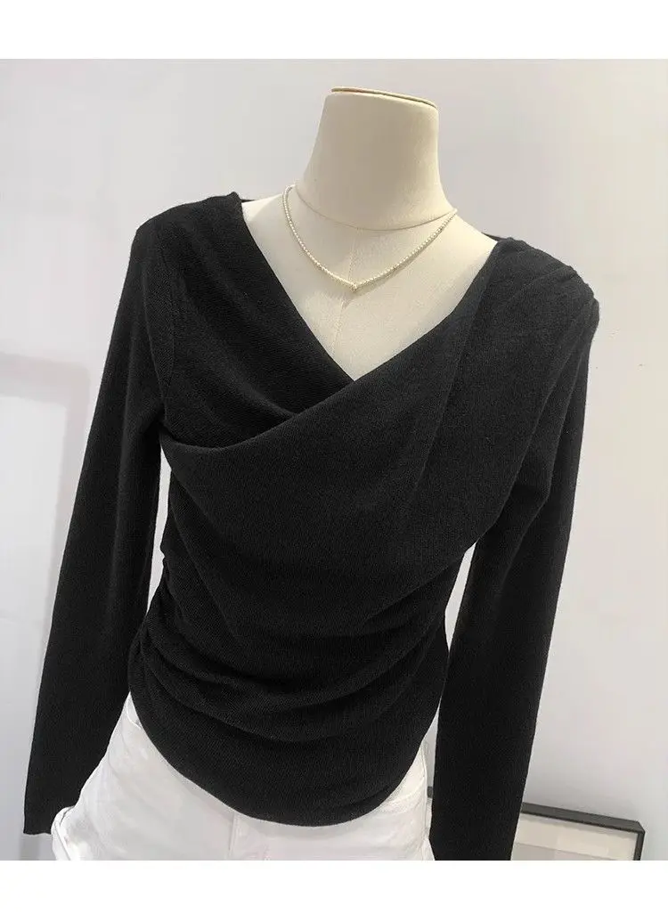 Sweter damski UMI MAO w stylu francuskim z dekoltem w łódkę, modny, nowy, jesienny, miękki, dopasowany, wyszczuplający, warstwa bazowa, koszulka.