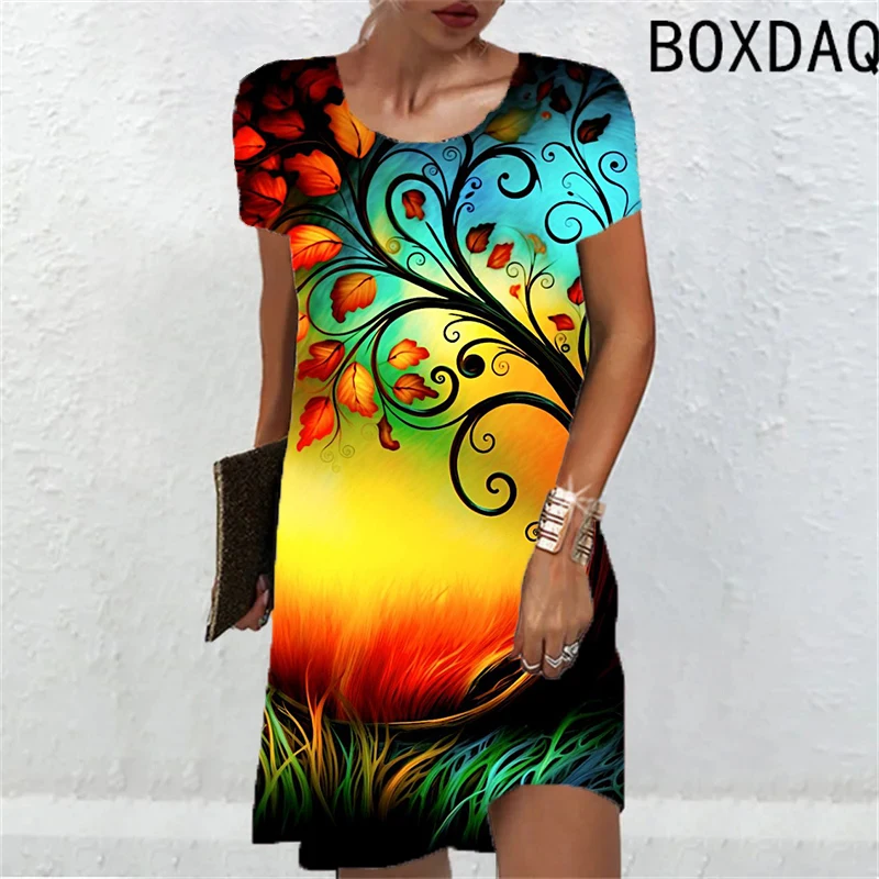 Vestido feminino com estampa tridimensional, vestido de verão, casual, manga curta, solto, vestido em linha A, abstrato, moda, novo, 2024