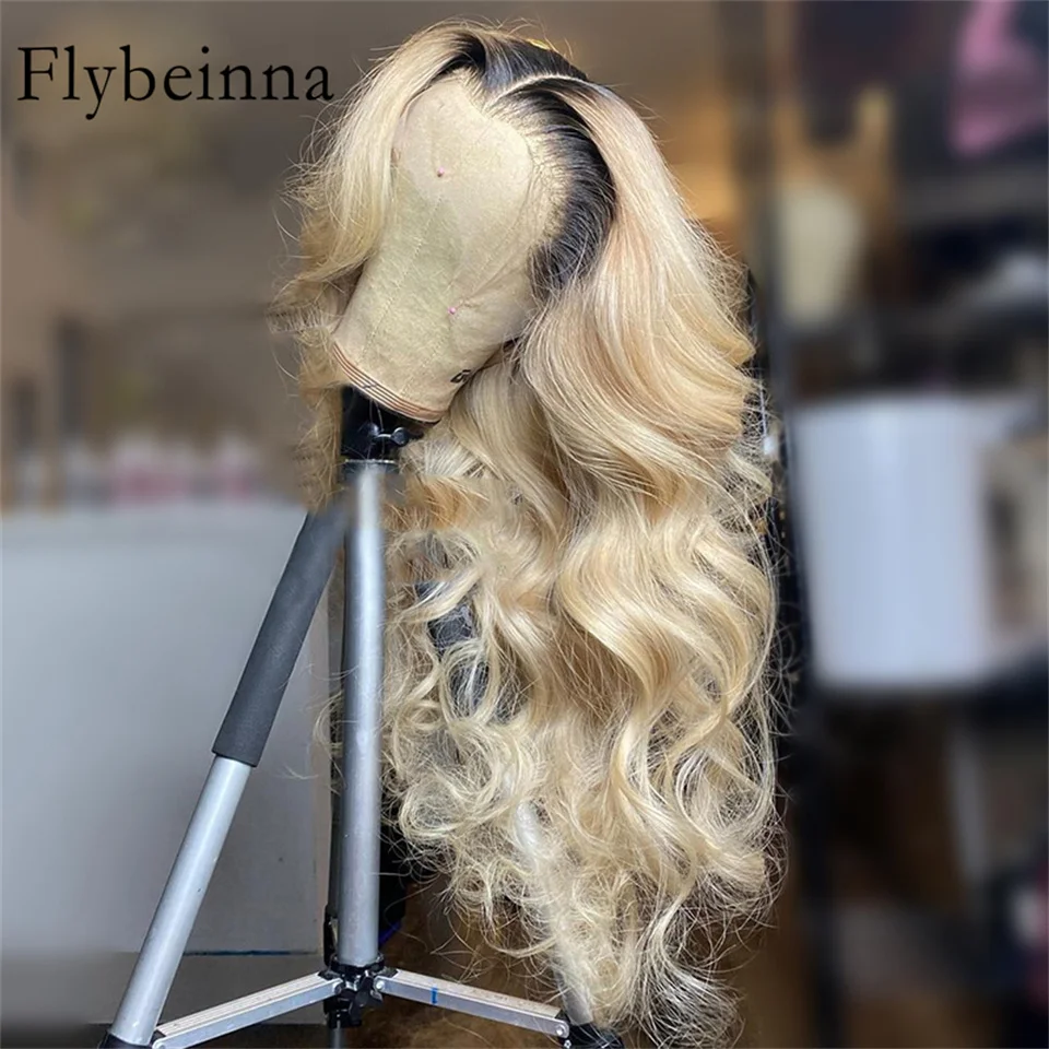 1B 613 Human Hair Lace Front Blonde Ombre Lace Front Human Hair Wigs Honey Blonde 13x6 Hd Frontal Wig Dark Roots Body Wave Wig