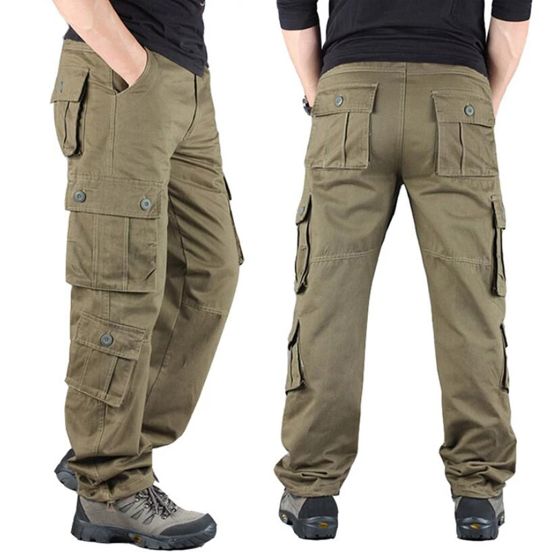 Pantalones con bolsillos para hombre, Pantalón recto informal de algodón, pantalones cortos, prendas de vestir deportivas para hombre, pantalones para correr, pantalones tácticos de carga deportivos grandes