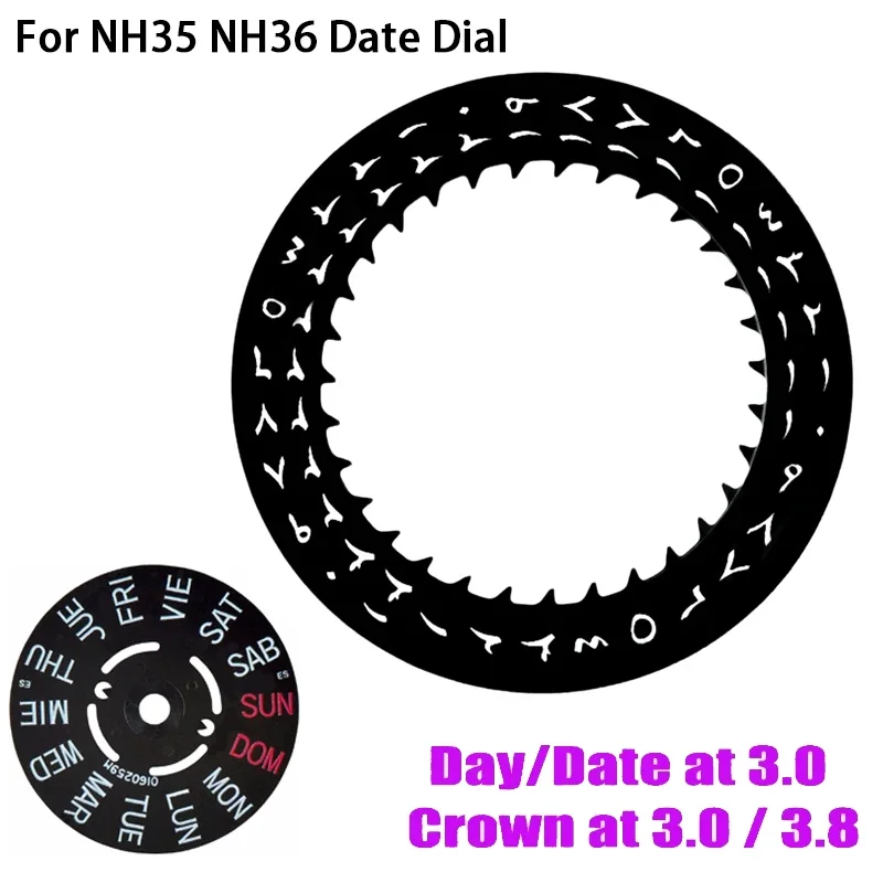 Black/White Date Week Wheel NH35 NH36 Movement Arabic Movement Dial Fits NH35 NH36 Automatic Movement Crown at 3.0 or 3.8 oclock