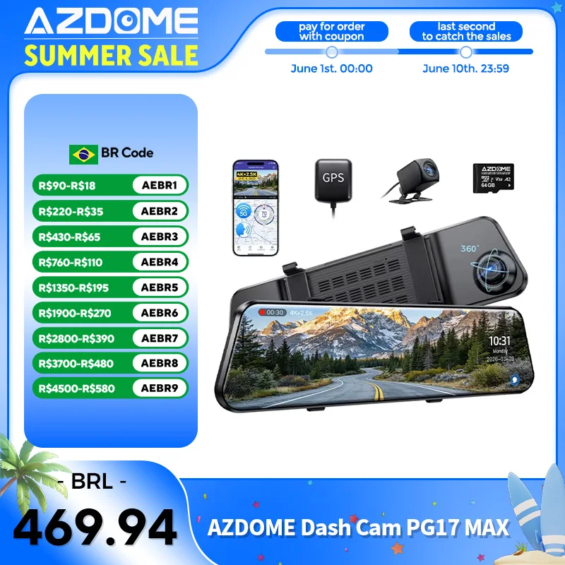 Câmera de Painel AZDOME PG17 MAX 4K com ADAS BSD&LCA, Câmera de Carro com Visão Noturna Super, Controle por Voz, 12 Polegadas