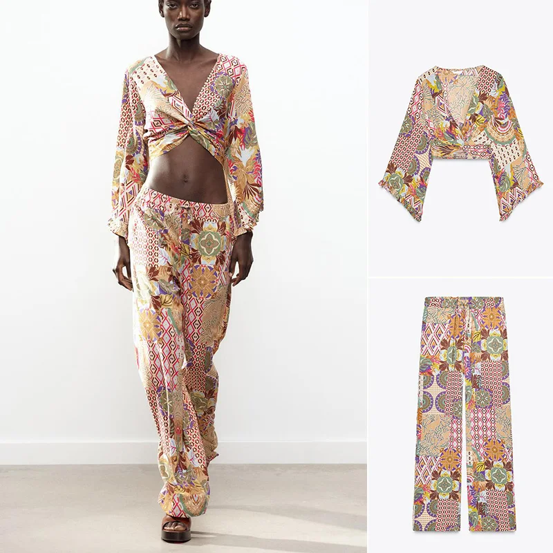 

Vaion Sle Long Sve V-Ne Топ Повседневный Свободные брюки с высокой талией и цветочным принтом Женский комплект Faion из полиэфирного волокна на пуговицах C...