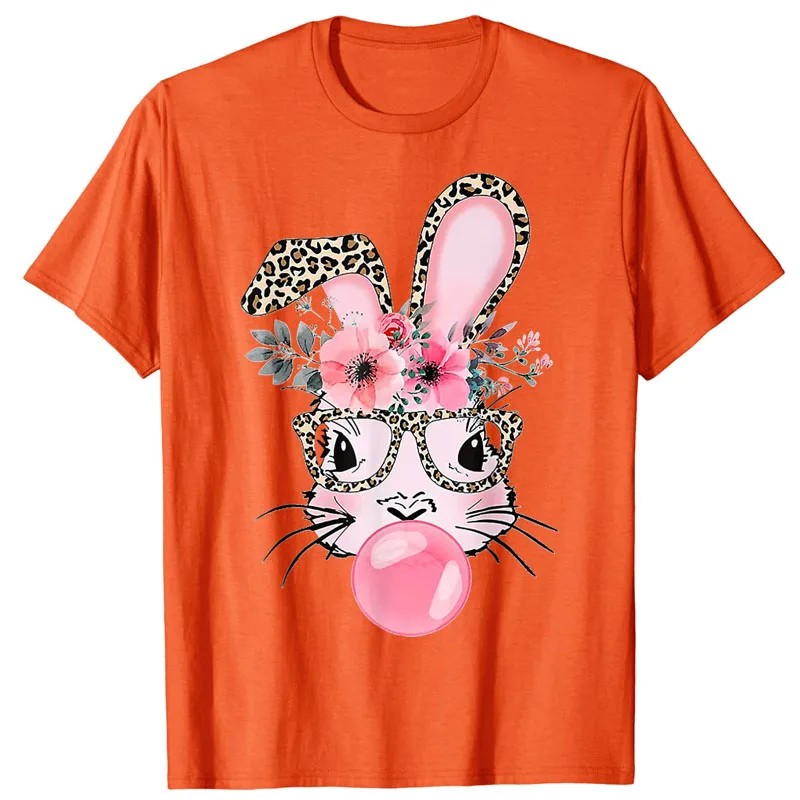 Cute Bunny with Leopard Glasses Bubblegum Easter Day T-Shirt Funny Rabbit Graphic Tee Lovely Novelty Gifts Flower Print Y2k Top