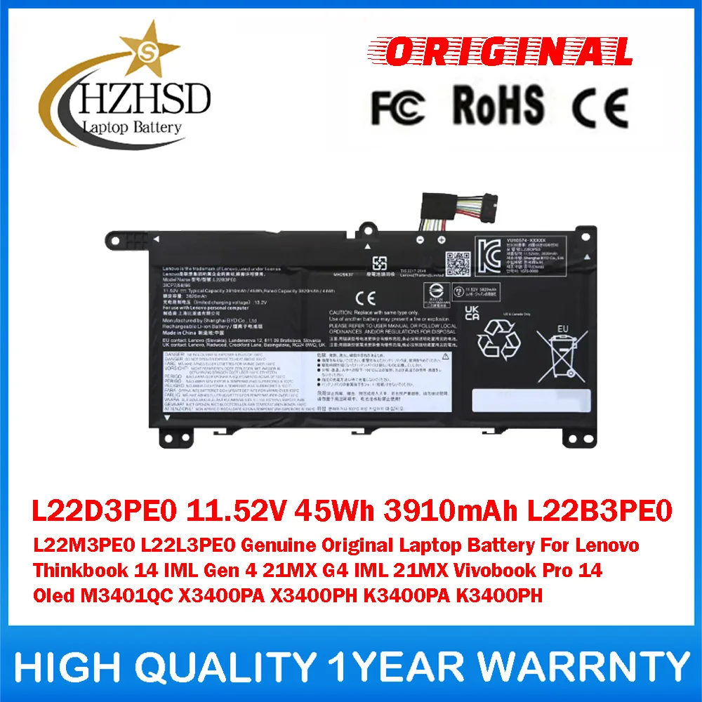 

L22D3PE0 11.52V 45Wh 3910mAh L22B3PE0/M3PE0/L3PE0 Genuine Original Laptop Battery For Lenovo Thinkbook 14 IML Gen 4 21MX G4 IML