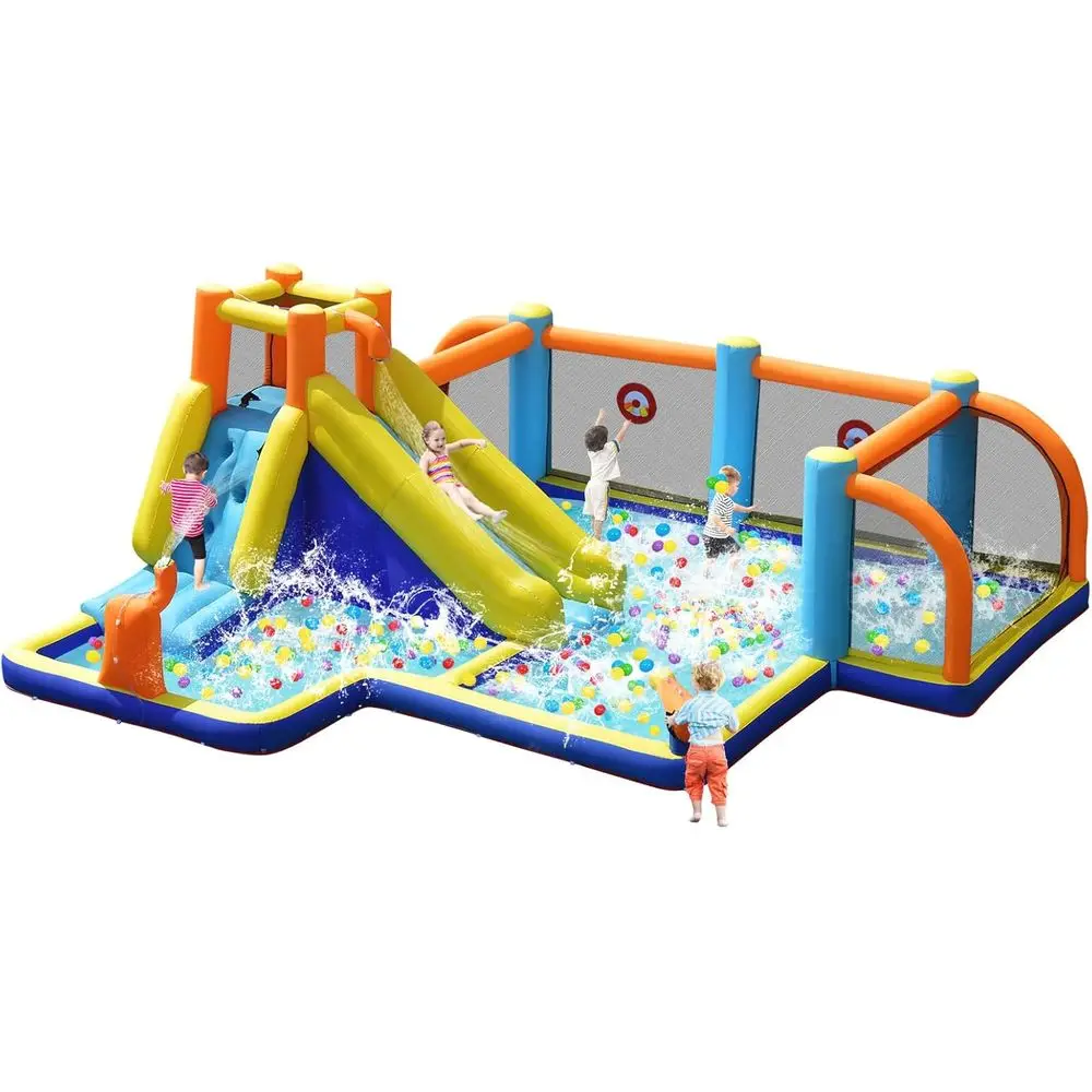 Iatable Water Slide, Giant Soccer Water Park Bounce House w/Goals for Outdoor, Splash Pool, Climbing, Blow Up Water Sl