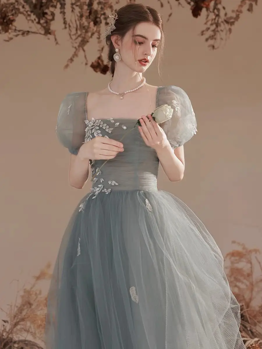 

Evening Dresses Square Collar Tulle Embroidery Women Short Sleeve Exquisite A-Line Applique Bandage Gradaution Formal Party Gown