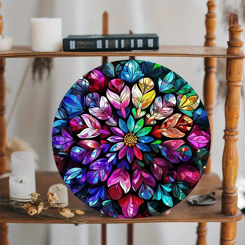 Round Aluminum Metal Sign with Stained Glass Flower, Mandala Design, Weather Resistant, HD Printed Door Hanger, Wall Home Decor