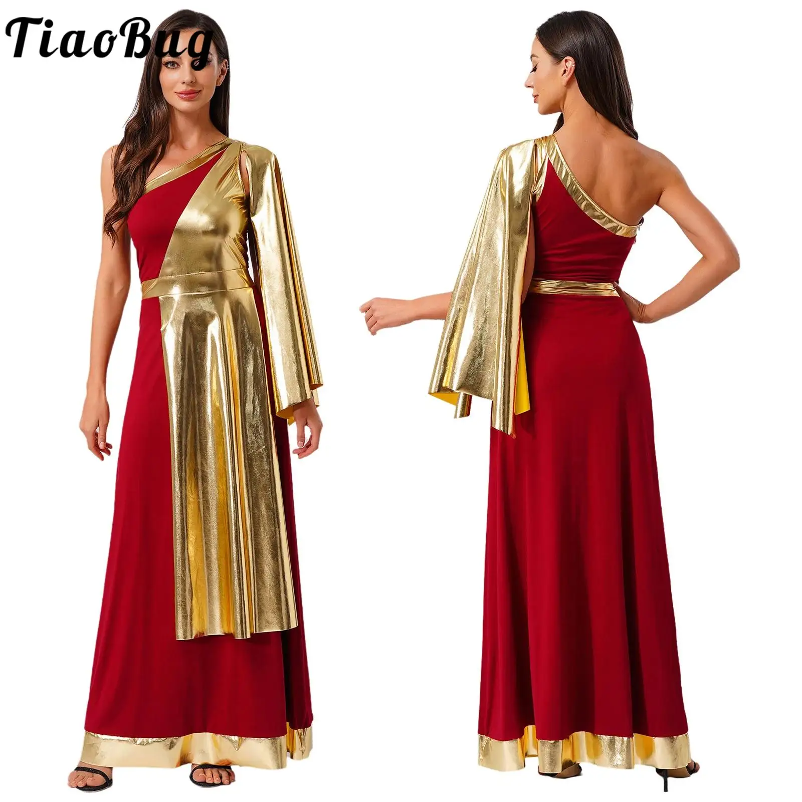 

Women Ancient Greek Roman Robe Beauty Tunic Dress One Shoulder Drape Sleeveless Layer Toga Dress for Halloween Cosplay Party