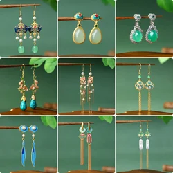 Ethnic Jade Pendant Earrings for Women Vintage Chinese Palace Style Hand Made Flower Butterfly Shaped Long Tassel Luxury Jewelry
