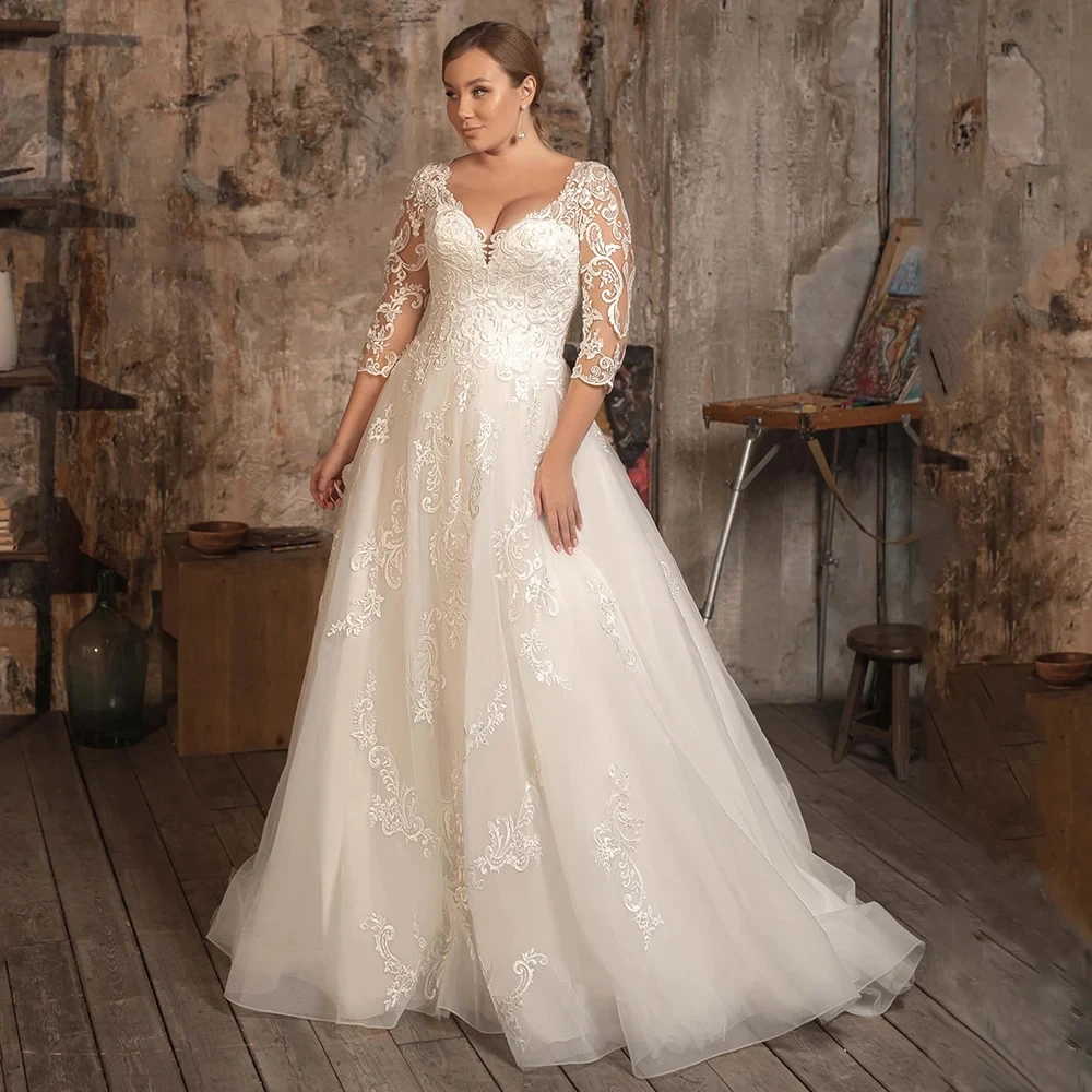 

Gorgeous A Line Vestido De Noiva V Neck Three Quarter Sleeves Wedding Dress Appliques Vestidos De Novia