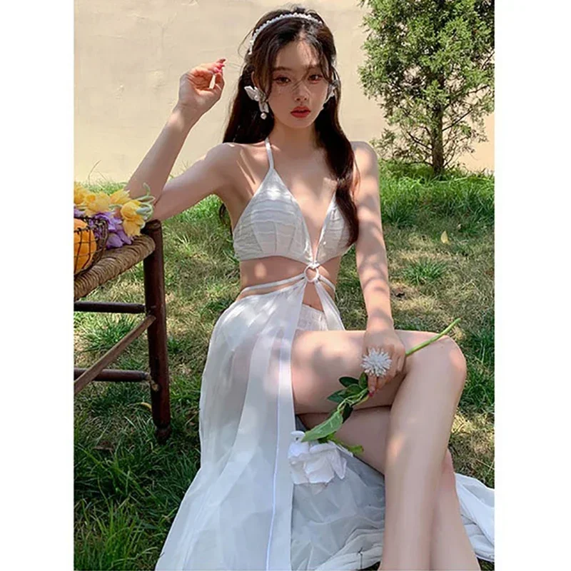 

One Piece Swimsuit for Women, Ins , Deep V, Hot Girl, Sexy Backless, White Gauze Dress, Holiday Swimming Suit, Korean Fashion
