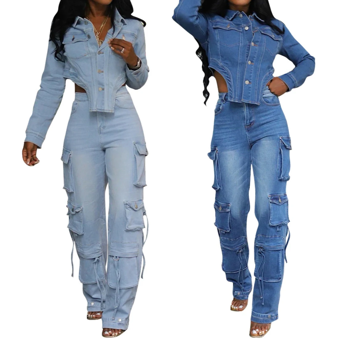 

Denim Pant Set Women Two Piece Sets Matching Sets Mom Jeans Elegant Work Short Tops Jeans Long Pants High Waist Pockets Casual