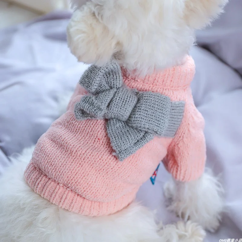 1PC pet clothing dog autumn and winter bow sweater pink pullover elastic knit sweater suitable for small and medium-sized dogs