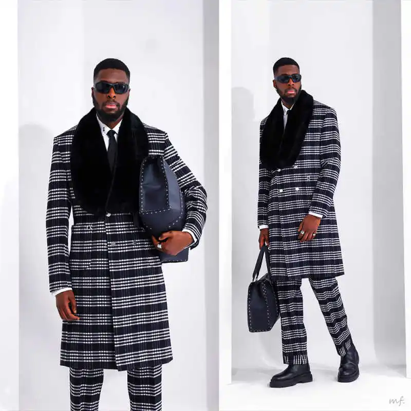 

High Quality Plaid Men Long Overcoat 2 Piece Coat Pants Double Breasted Woolen Blend Winter Warm Overcoat Customized