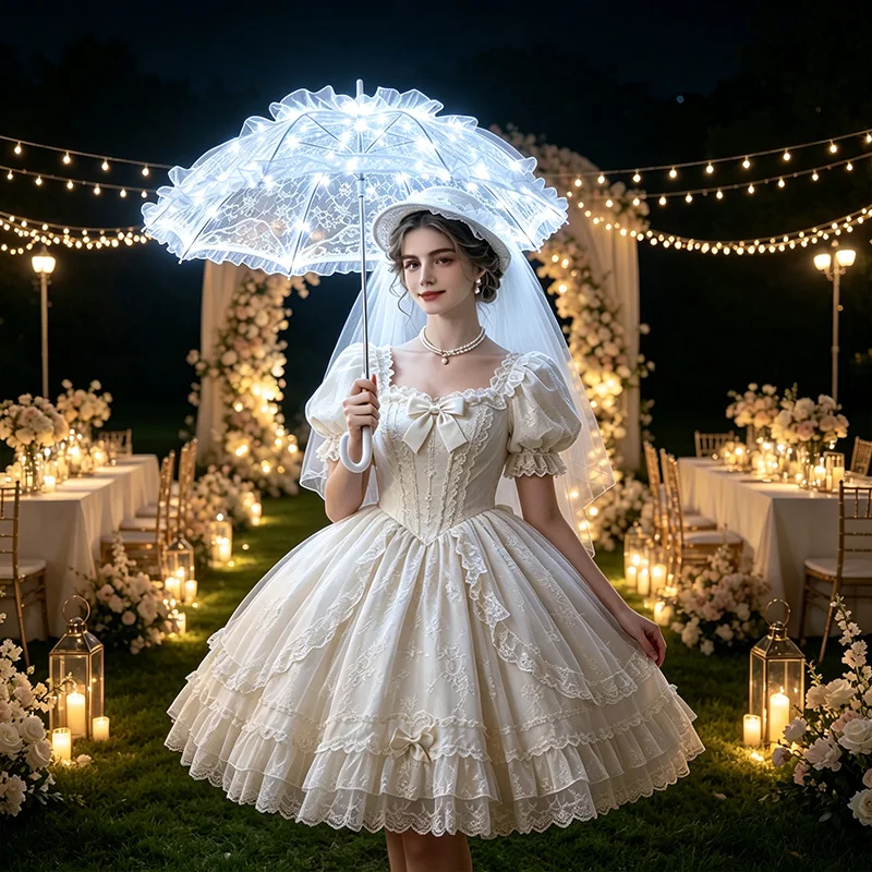 LED Light up White Lace Parasol, Vintage Ruffled Lolita Glowing Umbrella Bridal Wedding Night Cosplay Photo Prop, Princess Decor