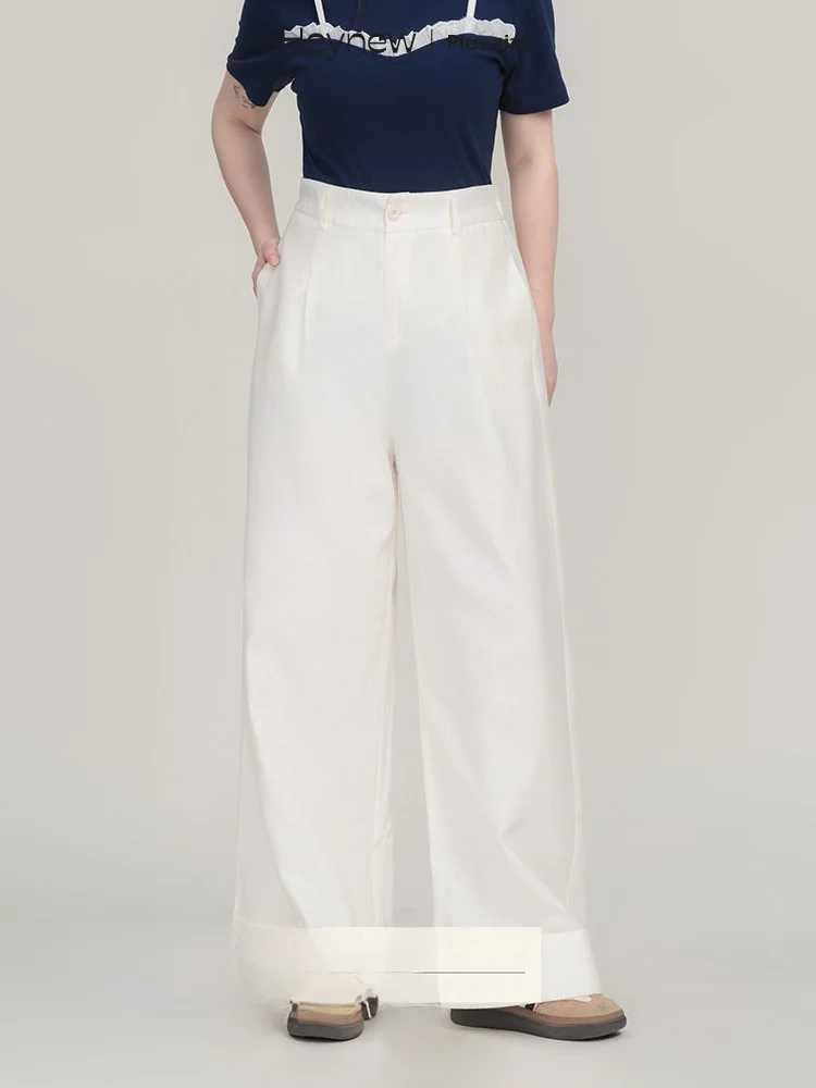 

Heynew High Waist Wide Leg Pants for plus Size Women in Apricot Color Korean Sle Cotton Blend Summer New Arrivals