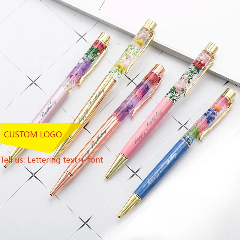 50pcs Eternal Life Flower Oil Pen Metal Ballpoint Pen Lettering Engraved Name Advertising Pen Custom Logo Stationery Wholesale