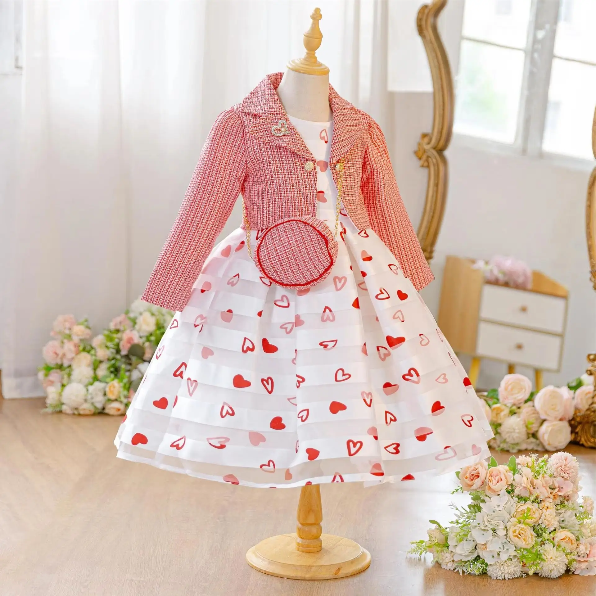 Girls' Formal Dresses for Elegant Girl Party Dress 3 PCS Set Long Sleeve Kids' Clothes with Bag 4 to 10 Years
