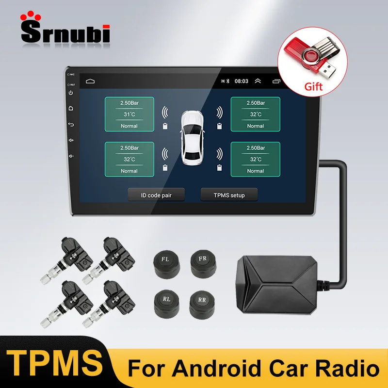 Srnubi USB Android TPMS Sistema di monitoraggio dell\'allarme della pressione dei pneumatici per auto per lettore di navigazione per auto Sensori di