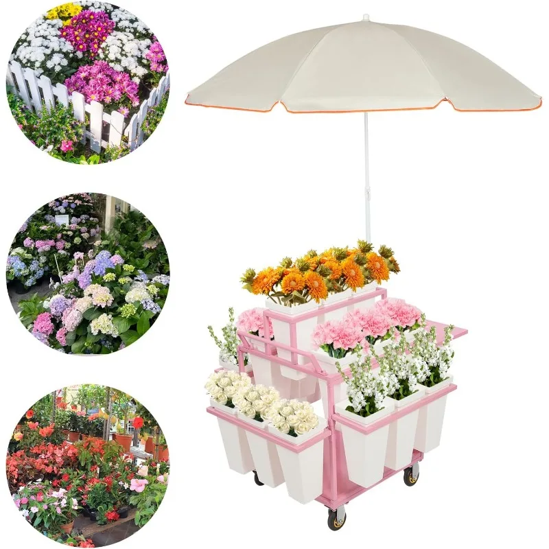 Wagen-Pflanzenständer, rollendes Blumen-Präsentationsregal aus Metall mit 18 Eimern und Sonnenschirmen, mehrere Blumentopfhalter-Regal für H