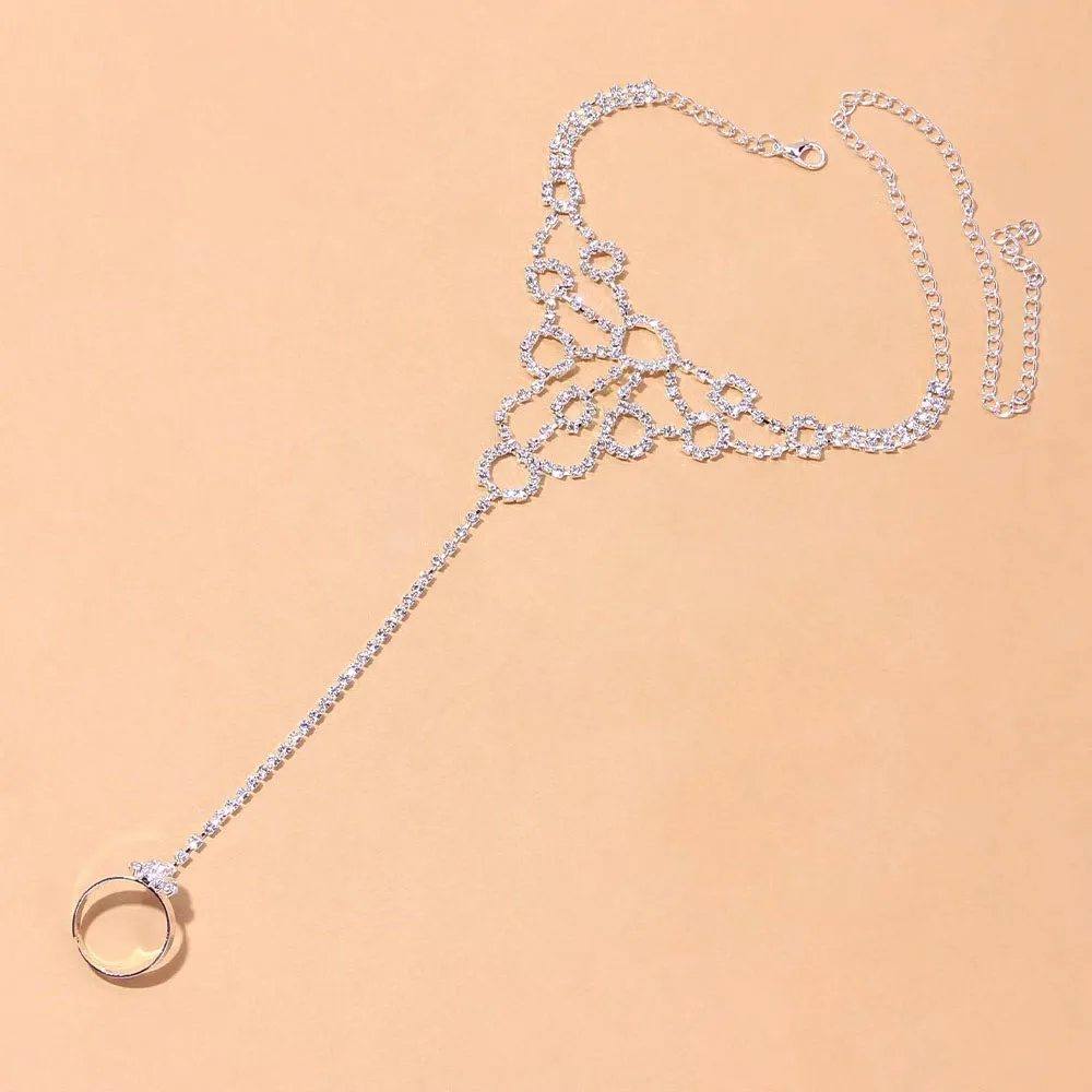 Silver Rhinestone Barefoot Foot Chain Sparkling Crystal Anklet And Toe Ring Beach Sandal Jewelry Women Footwear Accessories
