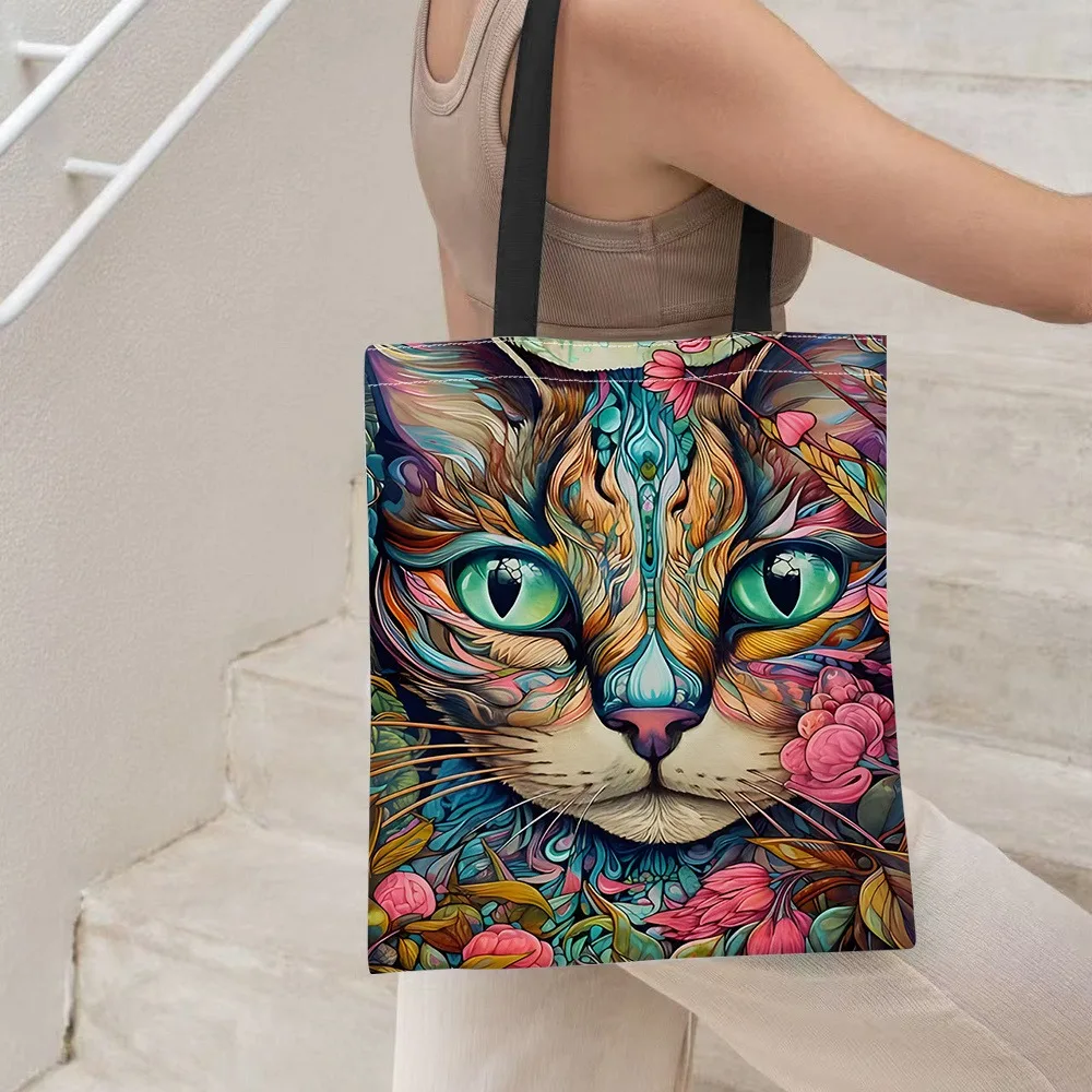 1pc Colorful Chic Floral Cat Shoulder Foldable Shopping Bag Animal Pattern Print Bag Storage Tote Bag Large Capacity Travel Bag