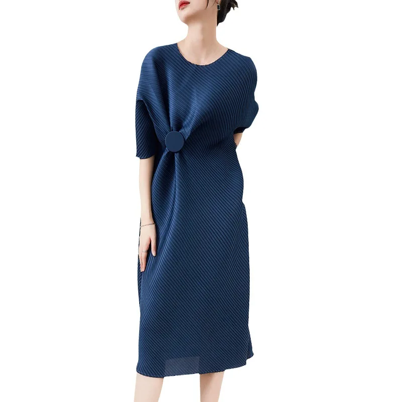 ALSEY Miyake Pleated High Quality Elegant High Waist Dresses Women 2023 Summer New Button Casual Plus Size Midi Women Skirt