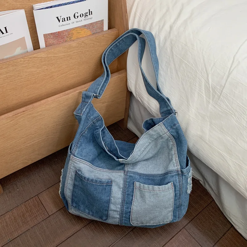

Женские модные сумки через плечо, большая вместительная повседневная джинсовая сумка на плечо, удобная и универсальная текстурированная сумка для хранения в корейском стиле