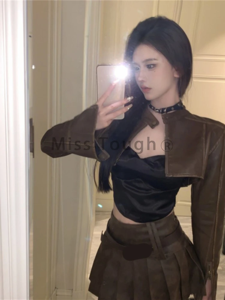 Aesthetic Vintage Loose Solid 2 Piece Set Women Fashion Y2k Long Sleeve O Neck Tops Female + High Waist Ruffle Short Skirt New