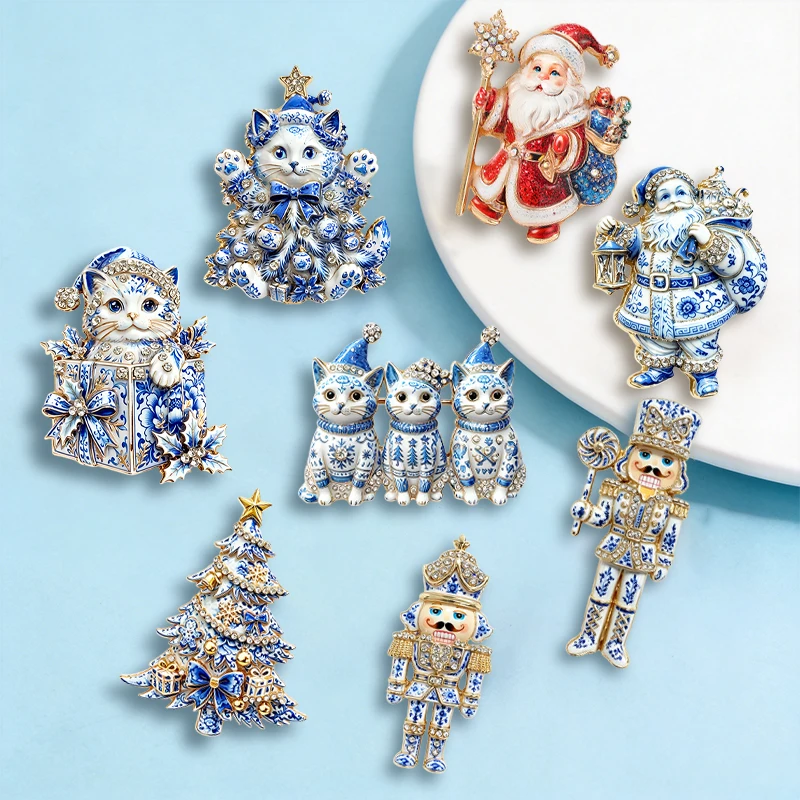 Wuli&baby Blue-and-white Porcelain Design Christmas Brooches For Women Tree Cats Santa Claus Nutcracker New Year Brooch Pins