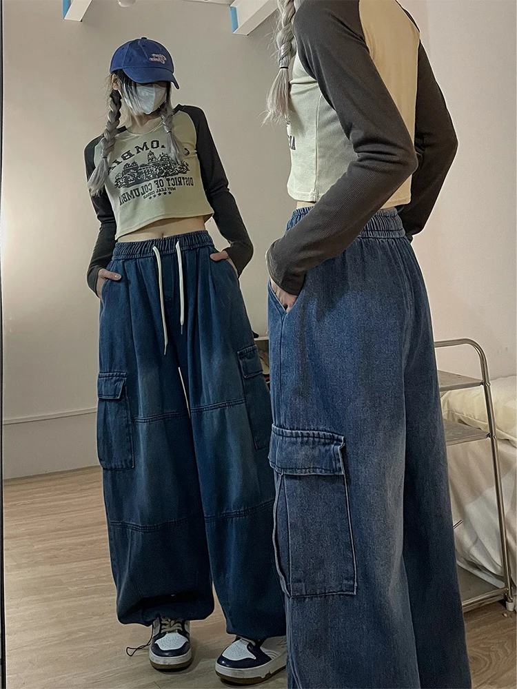 Houzhou Y 2K Baggy Cargo Jeans Voor Dames Oversized Denim Broek Dames Hiphop Broek Zakken Streetwear Losse Patchwork