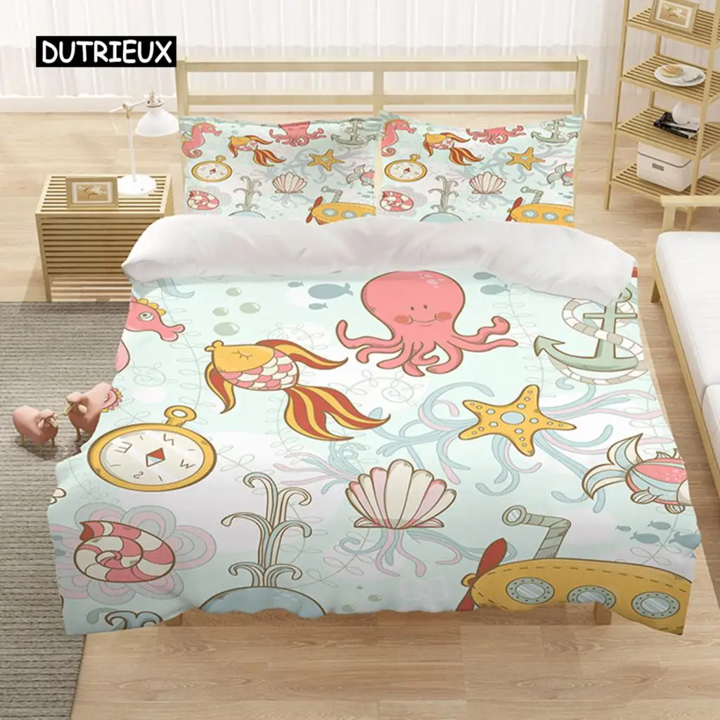 Cartoon King Queen Duvet Cover Cute Animals Bedding Set Kids Boys Girls Octopus Starfish Blue Soft 2/3pcs Polyester Quilt Cover