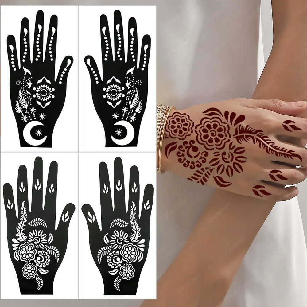 2pcs Henna Tattoo Stencils Wateroroof Flower Tattoo Template for Women Hand and Fingers Festival Body Painting