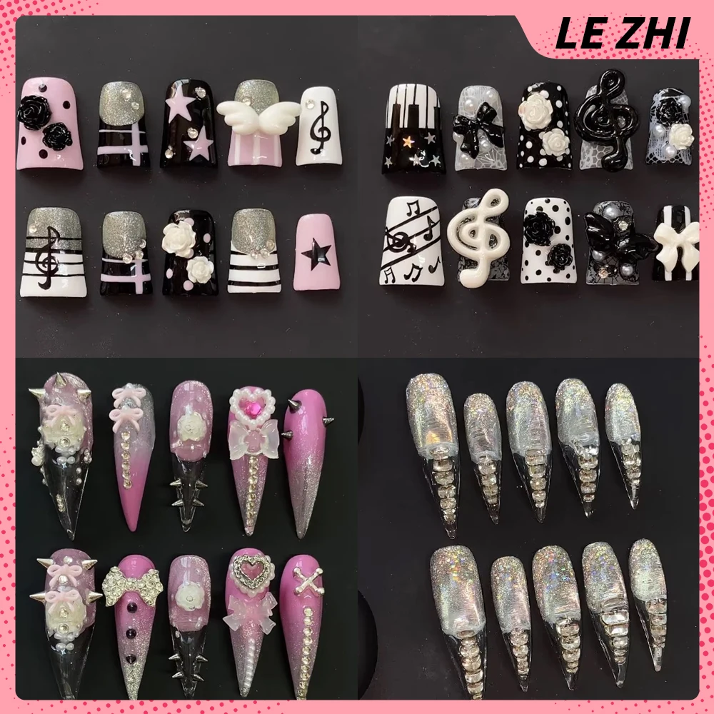 

Spice Girl Kawaii Animal Handmade Full Cover False Nail Y2K Xl Long Square Duckbill Shape Rhinestone Detachable Fake Nail
