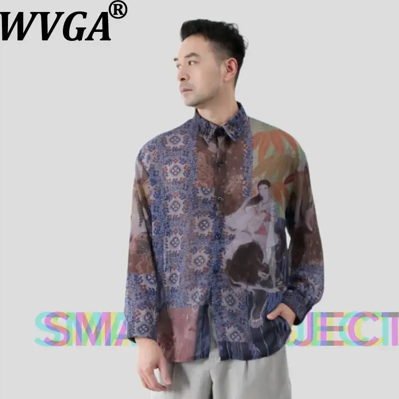 WVGA Spring Summer New Men's Chinese Style Printed Sheer Artistic Loose SunProof Floral Shirts Niche Chic Casual Tops Ins W25160