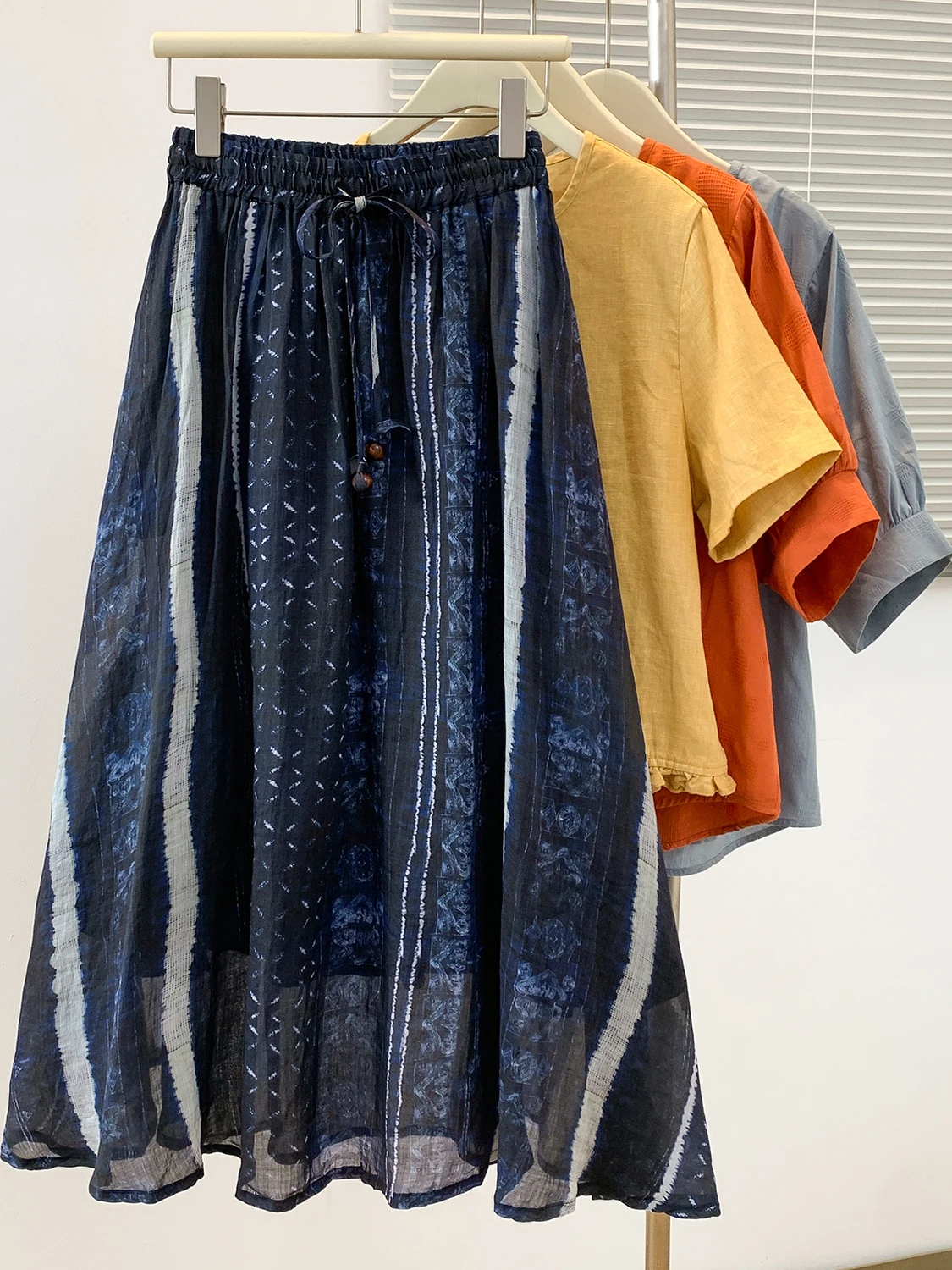 

Slimming Blue f-length Wax-dye Cotton Midi Skirt Versatile High-waisted A-line Summer Women's Faion Ethnic Sle