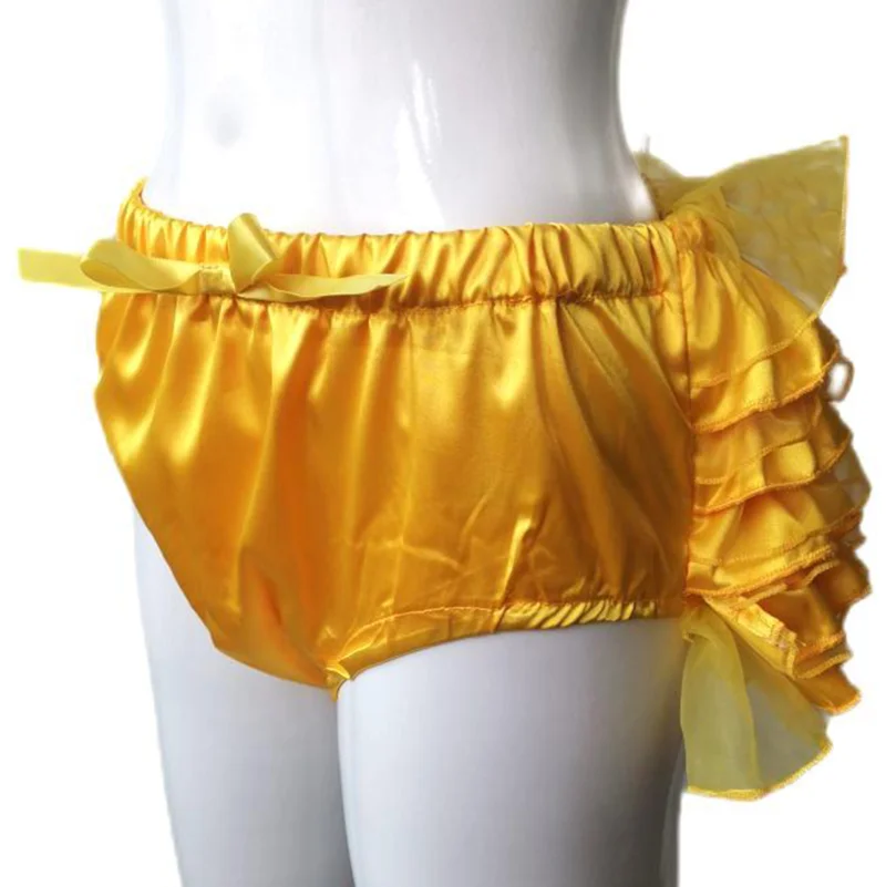 

French Sexy Adult Custom Fetishist Cross Dressing Sissy Yellow Satin Elastic Waistline with Multiple Layers of Fluffy Back