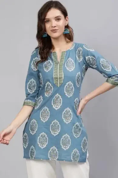 Indian Clothing Women's Pure Cotton Printed Short Crop Sleeve Top Blue