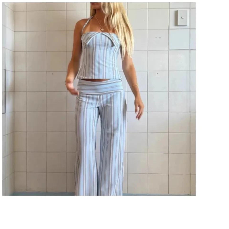 

Женский сексуальный комплект из топа-халтер и брюк, 2 предмета, летняя мода, повседневный стиль, полосатые широкие брюки и длинные штаны для женщин