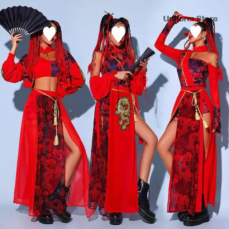 

Chinese Style Women'S Jazz Performance Clothes Red Festival Outfits Hip Hop Clothes For Adults Gogo Dance Stage Costumes DQS6259