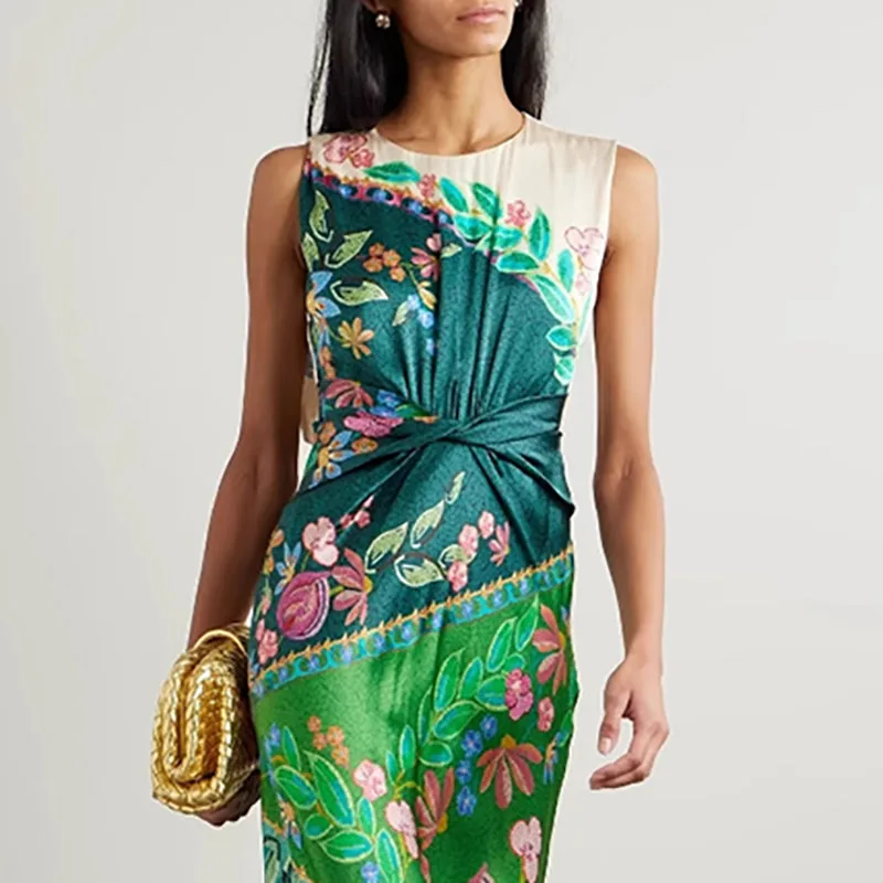 2025 New Retro O Neck Zipper Maxi Dress Summer Satin Floral Print Folds Party Dresses Spring Women Elegant Sleeveless Boho Dress