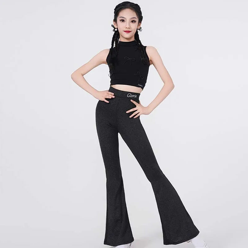 New Latin Dance Wear Girls Competition Performance Suit Samba Rumba Dancer Practice Clothes Black Crop Tops Pants Summer VDL1043