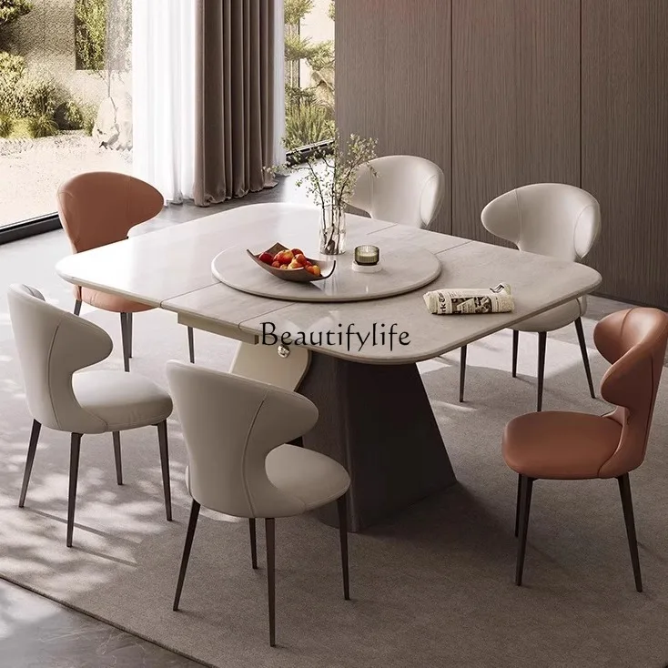 

Modern simple living room household microcrystalline stone dining table retractable with turntable 6 to 8 people small apartment