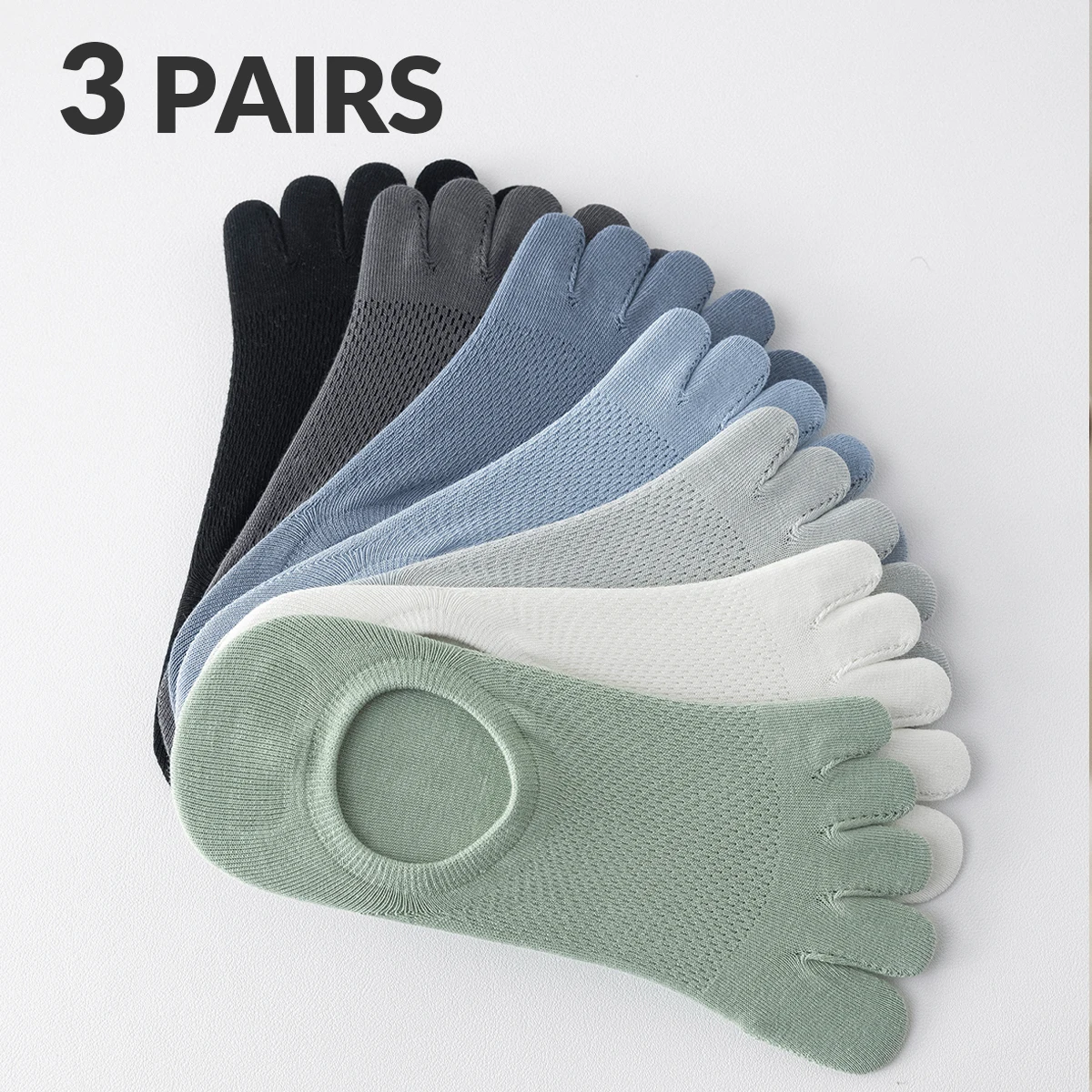 3 Pairs Men's Cotton Summer Solid Color Mesh Breathable Fashion College Style Spring and Autumn Invisible Socks Five Toe Socks
