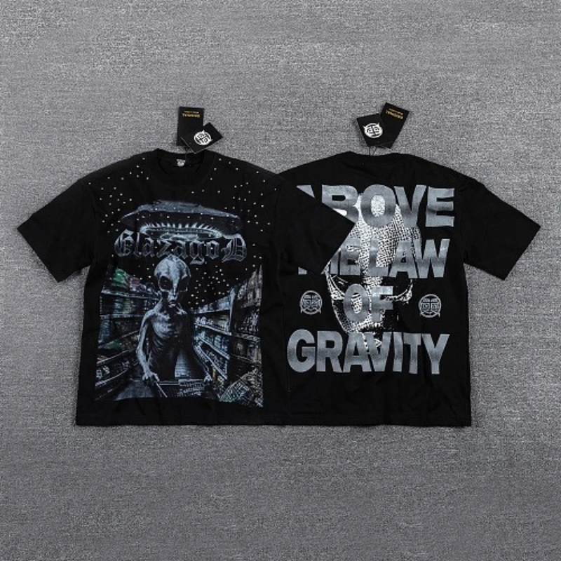 Glaza god new summer American streetwear vintage water-washed distressed letter print rhinestone short-sleeved T-shirt