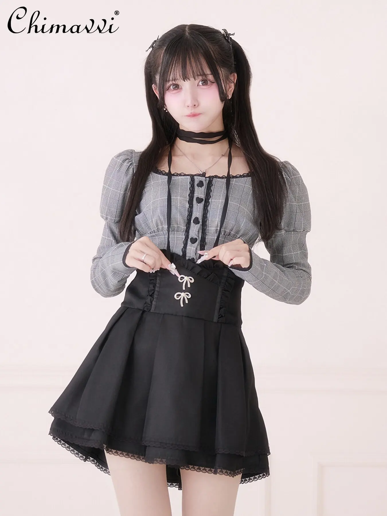 

Japanese-style Mass-produced Sweet Lace Heart Buckle Tie-up Top New Spring Autumn Women's Long-sleeved Slim-fit Cute Girl Blouse